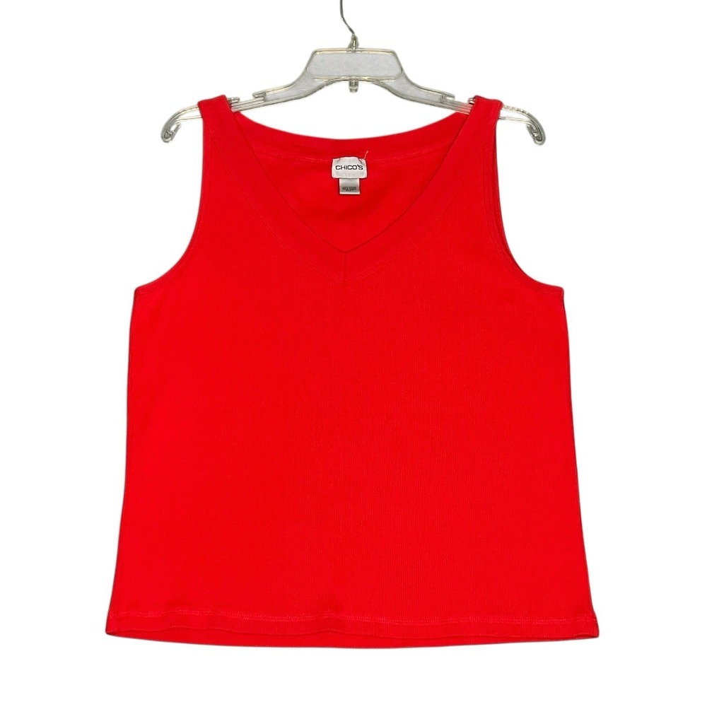 Chico's Ribbed Tank Top Womens 3 XL Red V-Neck Cotton Sleeveless Casual Basic